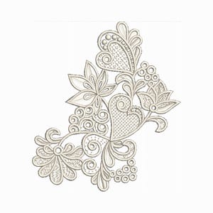 Pode incluir: Design de bordado floral creme com flores estilizadas, corações e padrões em espiral. O design inclui costuras detalhadas e uma aparência delicada, semelhante à renda, ideal para embelezar tecidos.
