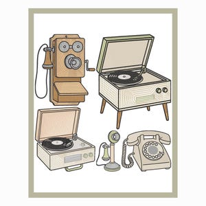 May include: An illustration of vintage communication and audio equipment. The image shows a wall-mounted telephone, two record players, a candlestick phone, and a rotary dial telephone, all in a neutral colour palette with a beige border.