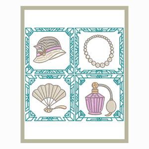 May include: An embroidered design featuring four squares with Art Deco-style borders. The squares contain a cloche hat, a pearl necklace, a hand fan, and a perfume bottle. The hat is gray and beige with a lavender band. The perfume bottle is pink.