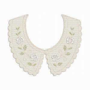 May include: Off-white embroidered collar with a scalloped edge. The collar features a floral design with white roses and green leaves. The collar is a delicate, vintage-inspired accessory.