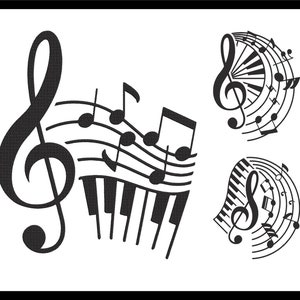 May include: Black and white illustration of a treble clef with musical notes and a piano keyboard. The treble clef is surrounded by musical notes and a piano keyboard. The illustration is a stylized representation of music.