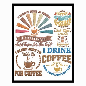 Peut inclure: Une impression d'art encadrée avec du texte et des illustrations sur le thème du café. Le design comprend des phrases comme "I don't rise & shine", "I caffeinate" et "I drink coffee". L'œuvre présente des tasses à café, des grains et un motif en forme d'éclat de soleil.