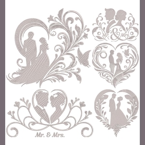 May include: A collection of six embroidered wedding-themed designs in shades of gray. The designs include silhouettes of a bride and groom, floral elements, hearts, and the text "Mr. & Mrs."