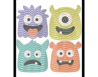 以下が含まれることがあります： 正方形に配置された、4つの刺繍されたモンスターの顔。モンスターは紫、黄色、ティール、オレンジの色合いです。それぞれが目、口、舌などの詳細を備えたユニークな表情をしています。デザインは黒で縁取られています。