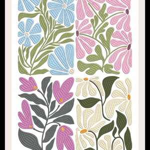 Puede incluir: Una ilustración digital de cuatro patrones florales diferentes. El patrón superior izquierdo presenta flores azules con hojas verdes. El patrón superior derecho presenta flores rosas con hojas verdes. El patrón inferior izquierdo presenta flores moradas con hojas grises. El patrón inferior derecho presenta flores blancas con hojas verdes.