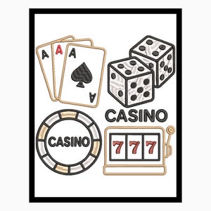 May include: An embroidered design featuring casino-themed elements. Includes playing cards with aces, dice, a casino chip, and a slot machine with triple sevens. The word "CASINO" is prominently displayed.