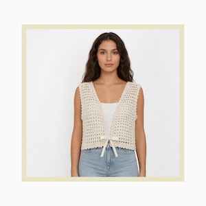Vintage Crochet Vest Pattern, Lacy Open Front Top, Ribbon Tie Waist