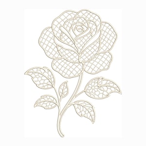 May include: A detailed illustration of a rose with a stem and leaves. The rose and foliage are rendered in a delicate, openwork design, with a light beige color. The image is set against a plain white background.