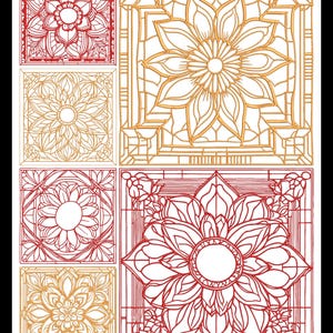 Puede incluir: Cinco diseños cuadrados de vitrales con intrincados patrones florales. Los diseños son en rojo y dorado, con un fondo blanco. Los diseños son todos diferentes, pero todos tienen un estilo similar.