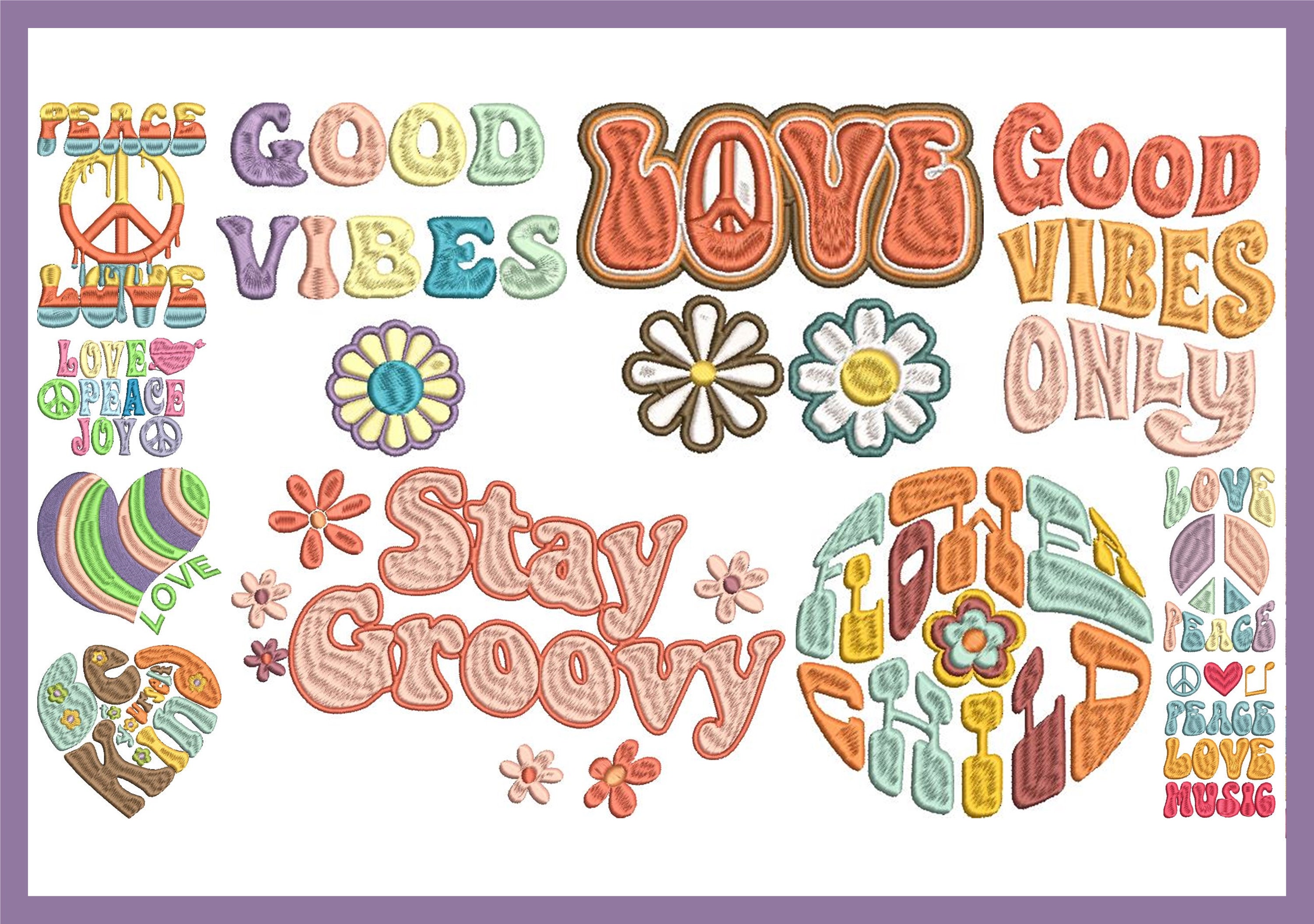 Colección de 6 diseños de bordado a máquina hippies de inspiración retro: patrones bohemios para todos los formatos