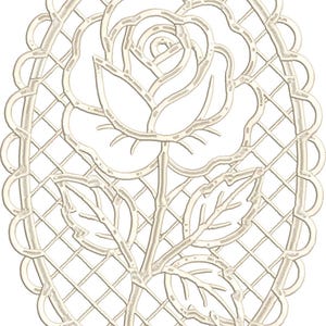 May include: Cream-colored, oval-shaped lace doily featuring a detailed rose design. The rose is centered within the oval, surrounded by a lattice pattern and a scalloped edge. The design is intricate and delicate.