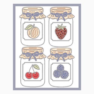 May include: Four illustrated jars of preserves, each with a different fruit: a peach, a strawberry, two cherries, and three blackberries. The jars have tan lids with blue bows and are set against a white background.