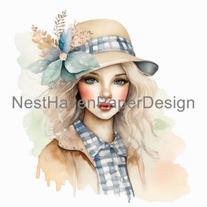 Vintage aquarelle filles Clipart imprimable JPG pour travaux manuels journaux décoration de ferme
