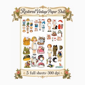 May include: A collection of vintage paper dolls with various outfits and accessories. The image features several dolls with different hairstyles and clothing, including dresses, hats, and coats. The text "Restored Vintage Paper Dolls" is displayed at the top, and "5 full sheets-300 dpi" at the bottom.