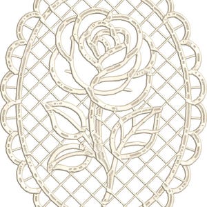 May include: Cream-colored, oval-shaped lace doily featuring a central rose design. The rose is surrounded by a lattice pattern within a scalloped border. The delicate embroidery creates a vintage aesthetic.