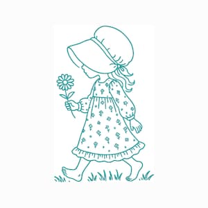 Può includere: Un disegno a tratto turchese di una giovane persona con un cappello e un vestito floreale, che tiene una margherita. La figura cammina sull'erba. L'illustrazione ha un'estetica vintage da libro di fiabe.