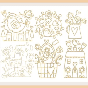 Può includere: Un set di sei ricami dorati con uccelli fantasiosi, case e cesti con fiori. I disegni sono perfetti per aggiungere un tocco di fascino a qualsiasi progetto.