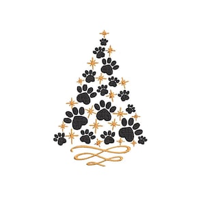 May include: A black paw print Christmas tree design with gold stars.