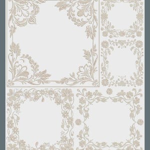 Könnte beinhalten: Eine Sammlung von sechs dekorativen floralen Rahmendesigns in Hellbeige. Die Rahmen weisen komplizierte botanische Muster mit Blättern und Blumen auf, ideal für Einladungen oder Ankündigungen.