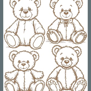 May include: Four brown line art illustrations of teddy bears in different poses. Each bear has a round head, small ears, and a stitched appearance. One bear has a bow tie, and another has its arms outstretched.
