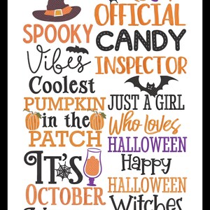 Può includere: Uno sfondo bianco con testo nero che recita "Official Candy Inspector", "Spooky Vibes", "Coolest Pumpkin in the Patch", "Just a Girl Who Loves Halloween", "It's October Witches" e "Happy Halloween Witches". Ci sono anche immagini di un cappello da strega, una ragnatela, una caramella, un pipistrello, una zucca e una scopa.