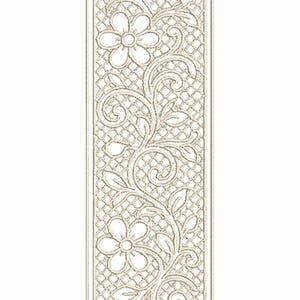 May include: A rectangular, openwork design featuring a floral and vine pattern. The design is in a light beige color, with flowers and leaves. The background has a diamond-shaped grid pattern. The overall aesthetic is delicate and ornate.