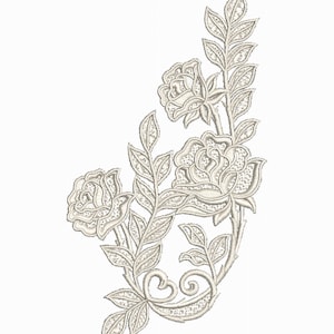 May include: An off-white floral embroidery design featuring three roses and several leaves. The design is detailed with intricate stitching, creating a delicate and elegant aesthetic. The roses are in various stages of bloom.