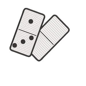 May include: Two white dominoes with black dots. The domino on the left has three dots and the domino on the right has one dot.