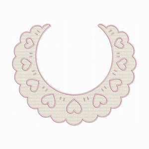 May include: A cream-colored, embroidered bib with a scalloped edge and pink trim. The bib features heart-shaped designs and decorative stitching. The design is centered on a white background.