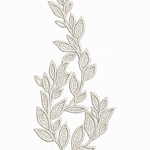 Könnte beinhalten: Gesticktes Design aus stilisierten Blättern und Zweigen in Creme. Die Blätter haben ein detailliertes, strukturiertes Muster, vor einem weißen Hintergrund. Dieses florale Design eignet sich für verschiedene Bastelprojekte und Textilanwendungen.