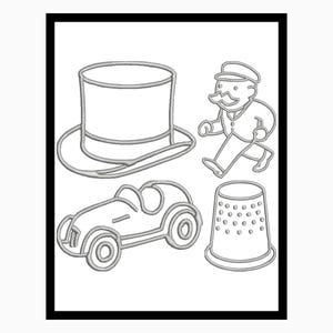 May include: Line art of Monopoly game pieces: a top hat, a car, a running man, and a thimble. The pieces are outlined in gray against a white background, framed by a black border. The image is a simple, clean design.