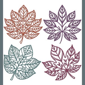 May include: Four decorative leaf designs in rust, purple, teal, and burgundy. Each leaf features detailed line art, with variations in vein patterns and decorative elements. The leaves are set against a white background.