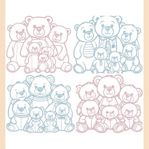May include: A digital illustration of two groups of teddy bears. The top left group is pink and the top right group is blue. The bottom left group is blue and the bottom right group is pink. Each group has a larger bear in the center with smaller bears surrounding it.