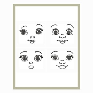 May include: Four black and white line art illustrations of baby faces with different expressions. Each face has large eyes with long eyelashes, a small nose, and a smiling mouth. The images are arranged in a square format.