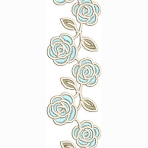 May include: Embroidered floral design featuring light blue roses and olive green leaves on a white background. The roses are arranged in a vertical pattern, suitable for fabric embellishment or craft projects.