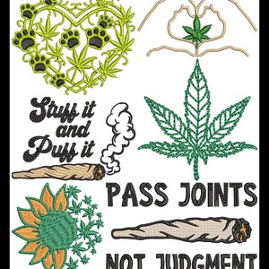 Conjunto de patrones de bordado de hojas de marihuana: diseños digitales de cannabis para coser a máquina