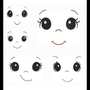 May include: A collection of embroidered cartoon faces with various expressions. Each face features large black eyes, curved eyebrows, a small nose, and a smiling mouth. The designs are in shades of black, brown, and white, perfect for crafting projects.