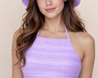 Crochet Halter Top & Sun Hat Pattern Set PDF, Summer Crochet Fashion Collection, Beachwear Crochet Patterns, Women's Crochet Accessories