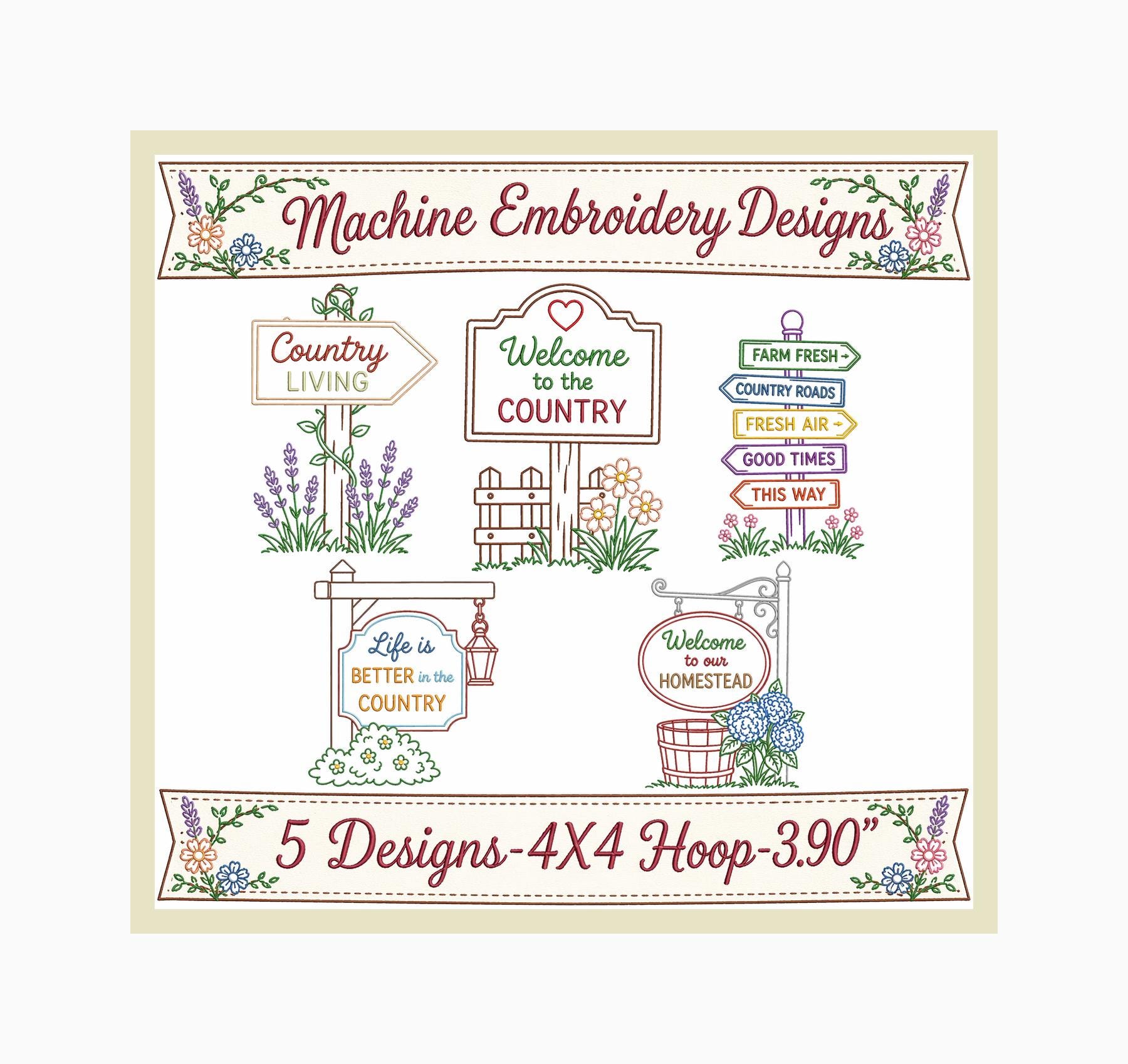 Country Signs-themed Machine Embroidery Design Collection for Crafters ...