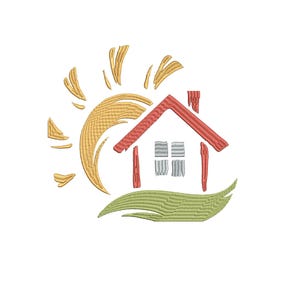 May include: A stylized illustration of a red house with a yellow sun behind it. The house has a white window and a chimney. The sun has rays coming out of it. The house is sitting on a green grassy area.