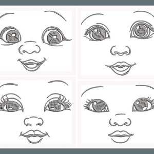 May include: Four embroidered baby face designs. Each square features a different expression, with variations in eye shape, eyebrow curves, and mouth shapes. The designs are in a simple, line-art style, ideal for embroidery projects.