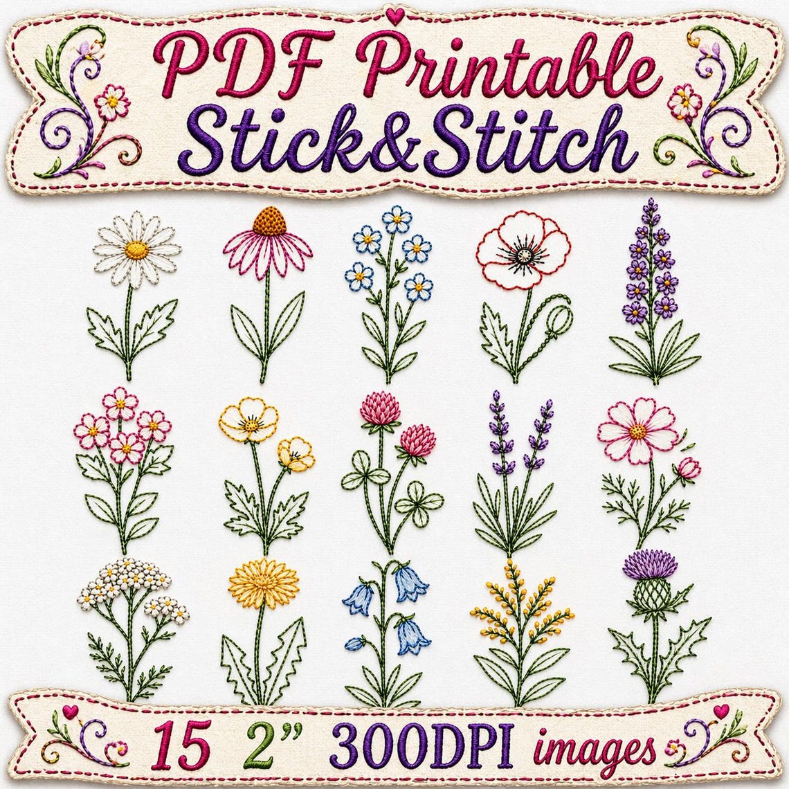 15 Stick & Stitch Embroidery Wildflowers Designs Bundle – Printable ...