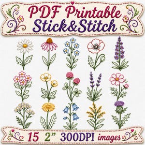 15 Stick & Stitch-broderimönster med vildblommor – Utskrivbara mönster – Vattenlöslig transfer – Nybörjarvänlig