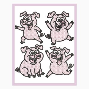 May include: Four cartoon pigs in various poses, outlined in black, with pink bodies and happy expressions. Each pig has a curly tail and is set against a white background within a light purple border. The pigs are smiling with their tongues out.