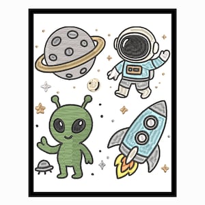 May include: Embroidered space-themed design featuring a planet with a ring, an astronaut, a green alien, and a rocket ship. The design includes stars and a small UFO. The color palette includes blue, green, gold, and white.