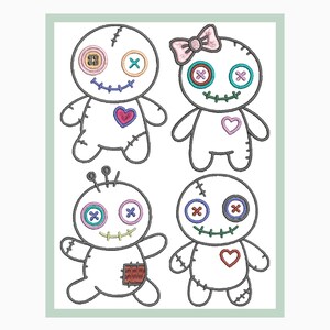 May include: Four embroidered voodoo doll designs. Each doll is white with black stitching, button eyes, and stitched smiles. They feature heart patches, bows, and various button colors, including pink, blue, and green. The dolls are set against a light green background.