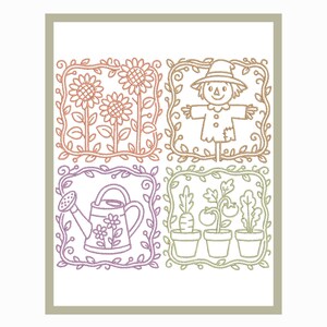 May include: A framed artwork featuring four square panels with garden-themed illustrations. The panels depict sunflowers, a scarecrow, a watering can, and potted vegetables, all outlined in various colors. The artwork is surrounded by a light beige border.