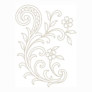 May include: A beige floral design on a white background. The design features swirling lines, leaves, and two flowers. The style is reminiscent of vintage embroidery or decorative art.