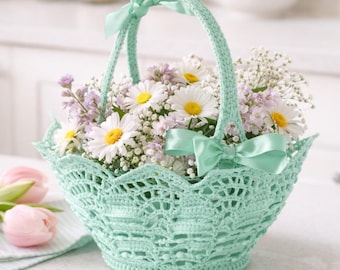 Vintage Crochet Ribbon Basket Pattern PDF, Decorative Crochet Basket, Lace Crochet Easter Basket, Heirloom Thread Crochet Basket.