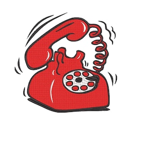Pode incluir: Um telefone vermelho de disco com um cabo preto e um dial branco. O telefone está tocando e o receptor está desligado.